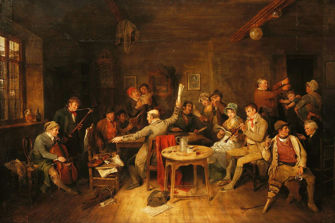 A painting depicting the raucous atmosphere in a 19th century English pub. A dozen common people are seen drinking, talking, fighting, and singing.