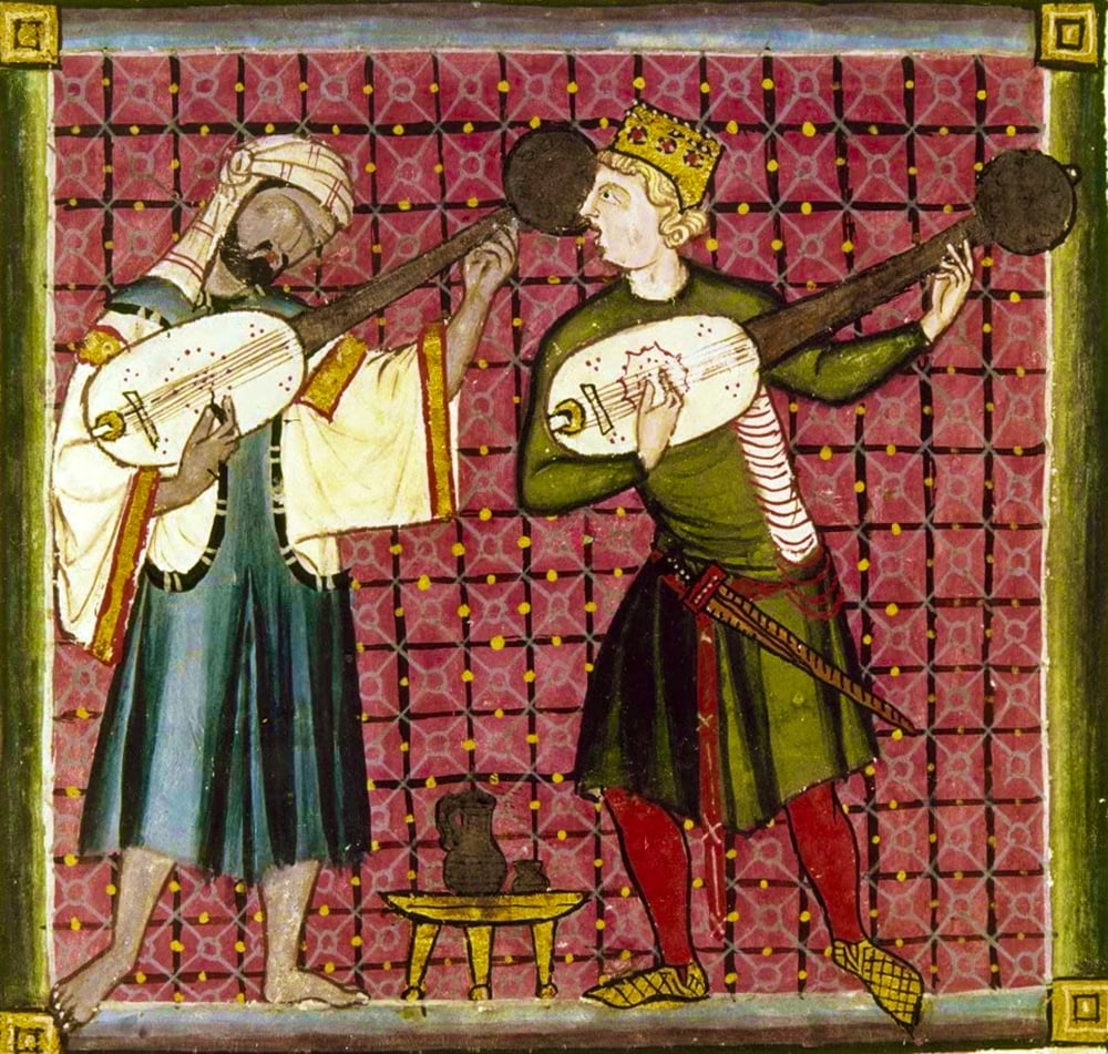 An image of a medieval manuscript illustration, showing two figures playing stringed instruments. The figure on the left of an Islamic musician wearing a blue robe and a white turban, and the figure on the right of an European musician is wearing a green robe and a gold crown. The background is a red and gold geometric pattern. The image is framed by a gold border.