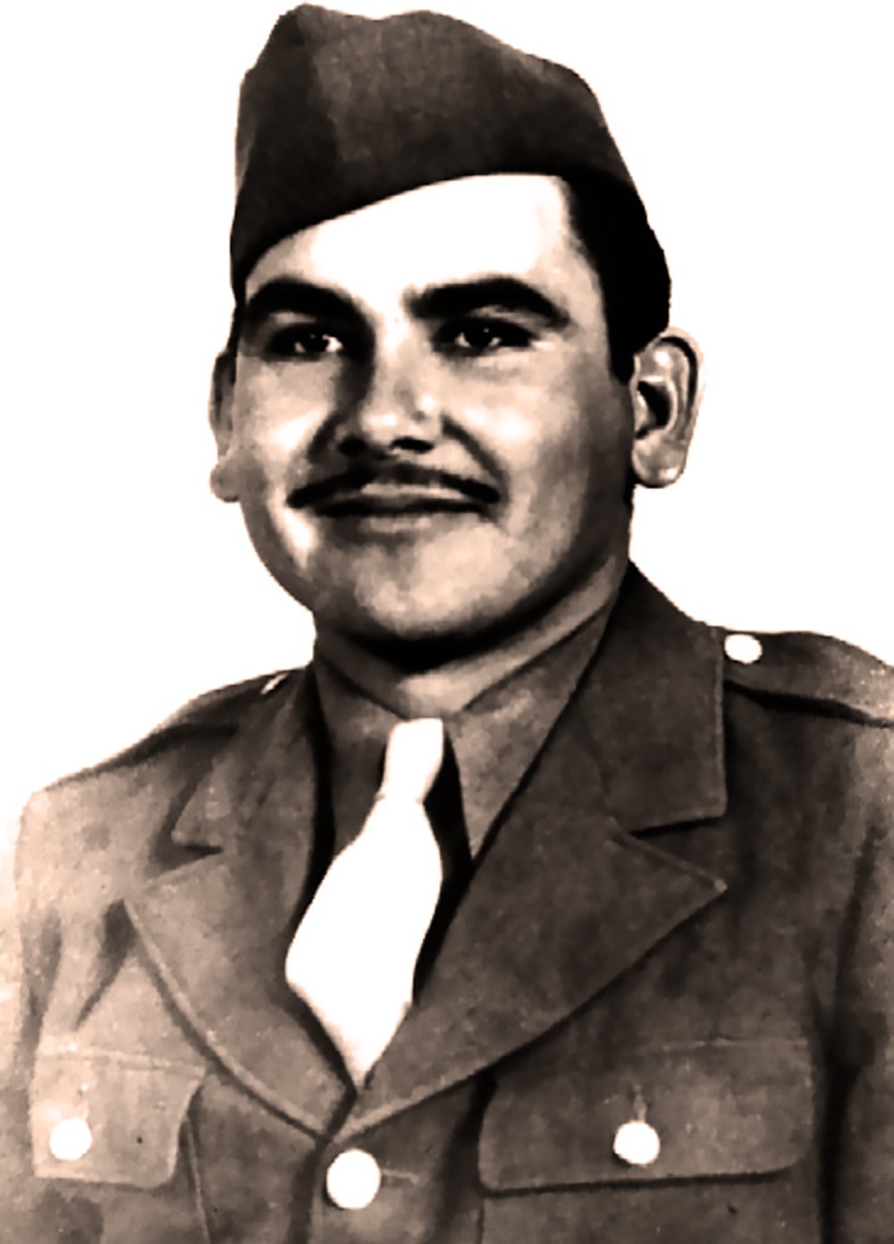 A black and white photo portrait of Private Felix Z. Longoria Jr. in military uniform.