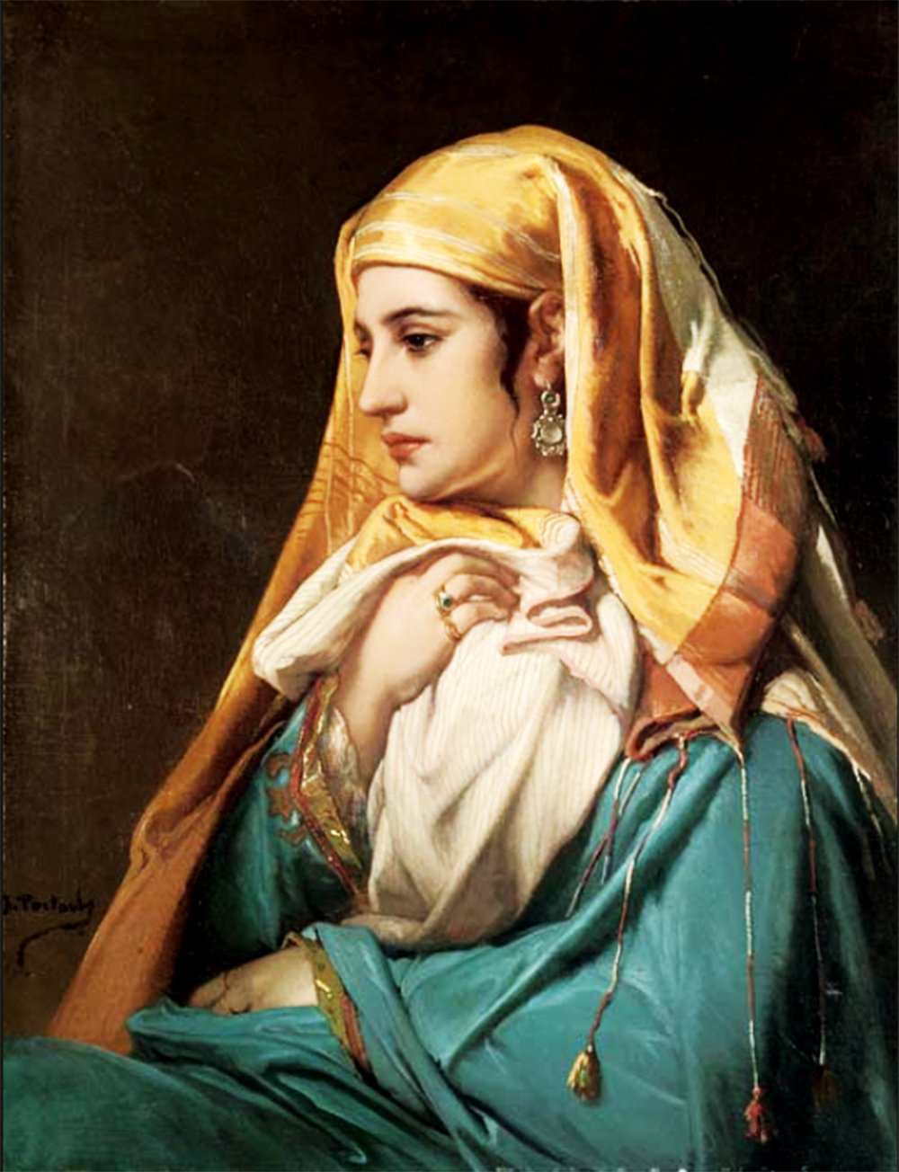A portrait of a woman in a blue robe and a yellow headscarf, wearing rings and earrings.