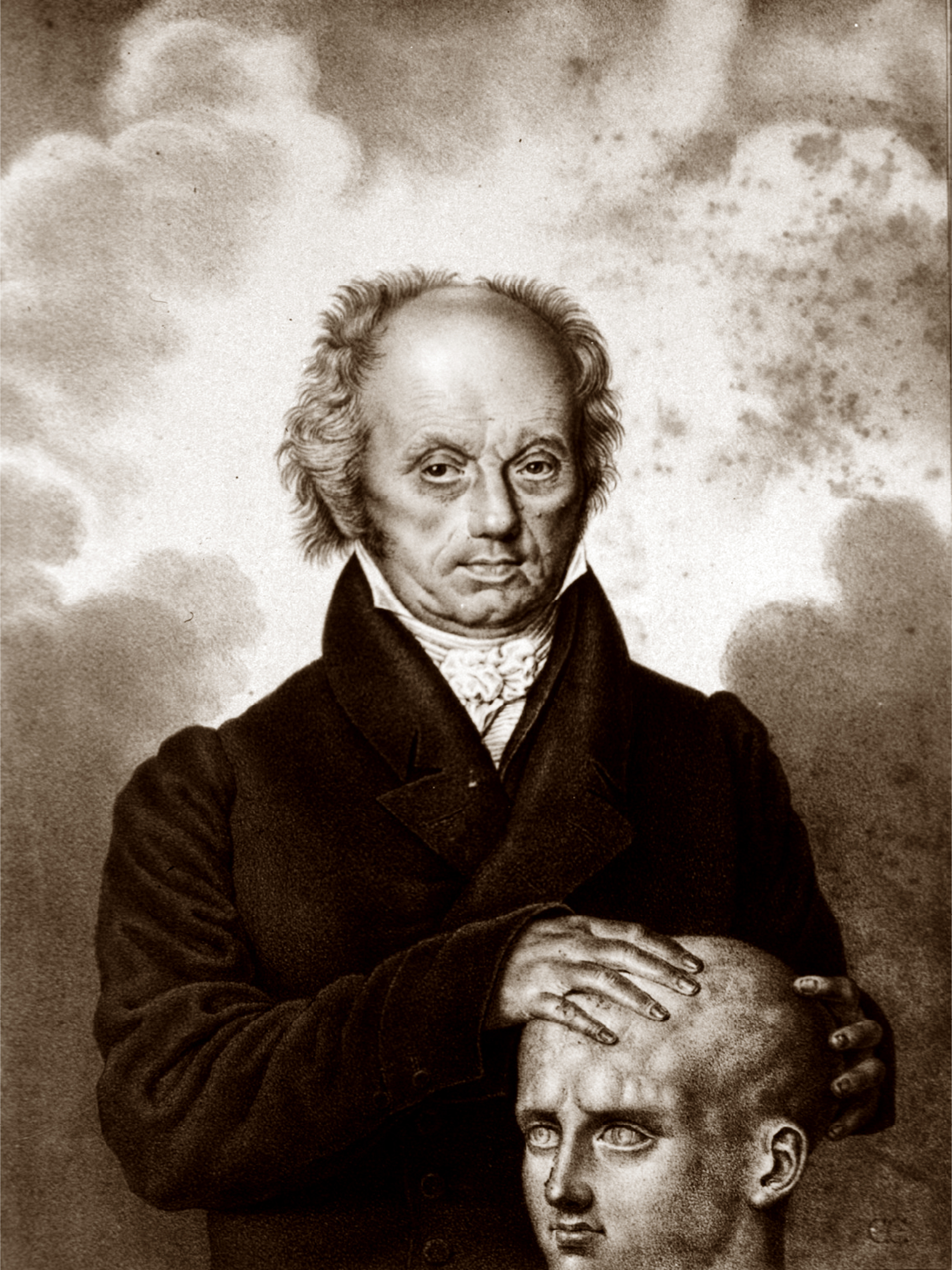 German physiologist Franz Joseph Gall in a half-length front pose, with hands on a head, illustrating phrenological techniques.