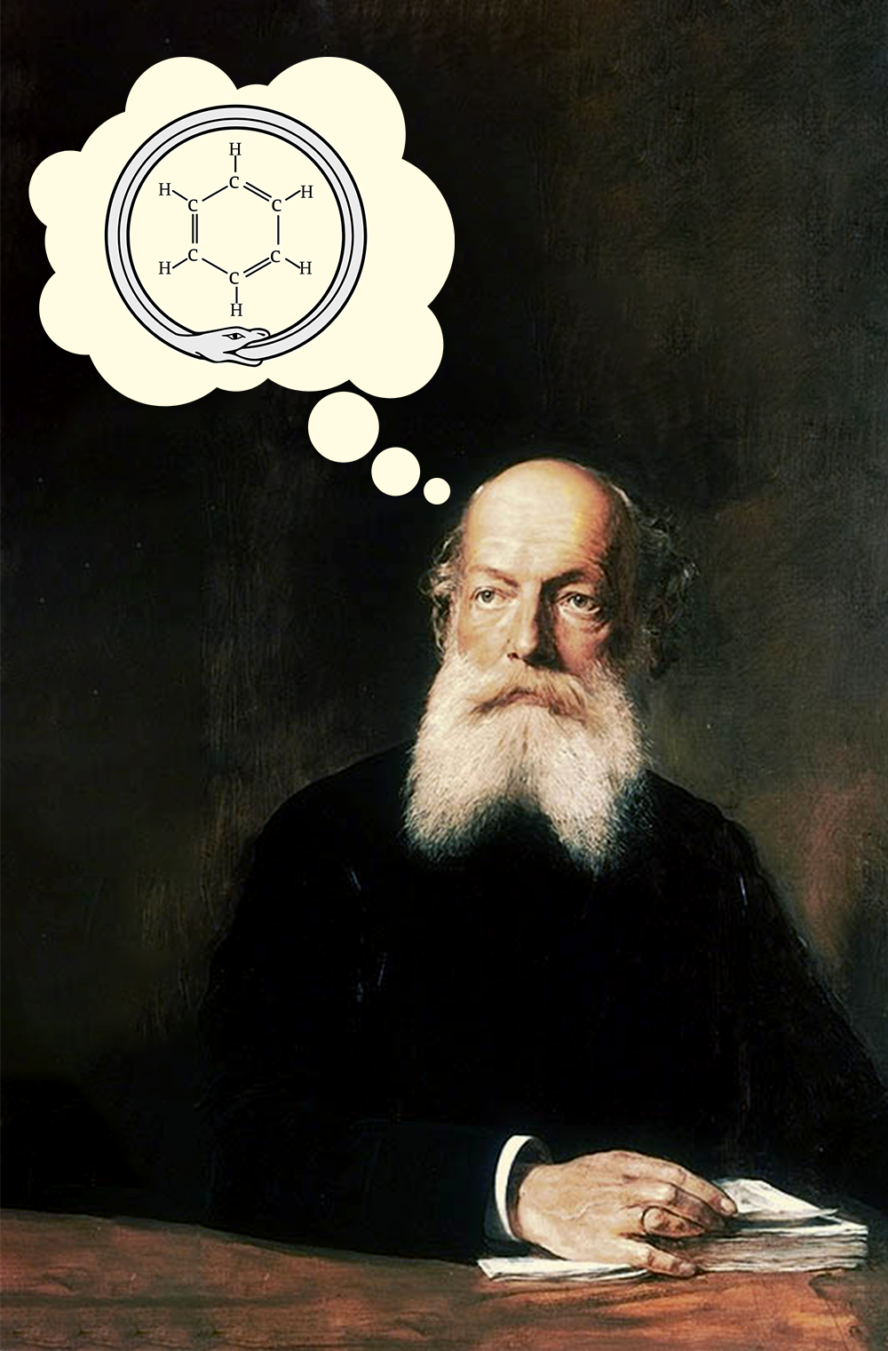 A portrait of Friedrich August Kekule, he has a thought bubble above his head. The thought bubble features a snake eating its own tail and a benzene ring molecule in side the snake circle.