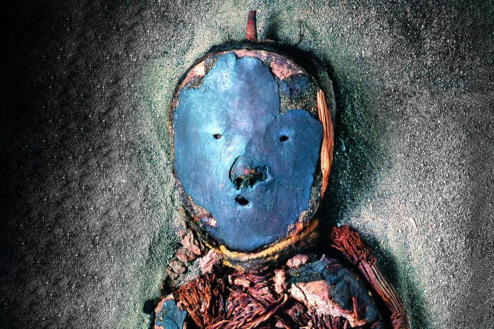 A close up photograph of the head of a mummy, wearing a blue mask.
