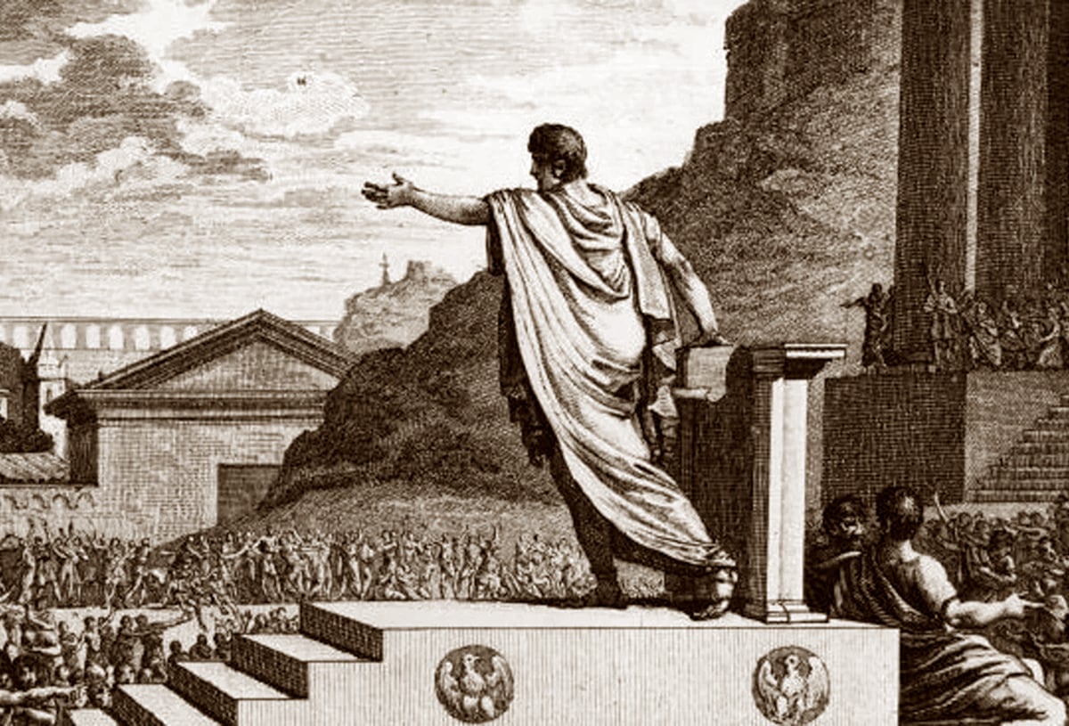 An illustration of Gaius Gracchus in a toga standing on a pedestal and addressing a crowd in front of a temple and a mountain.