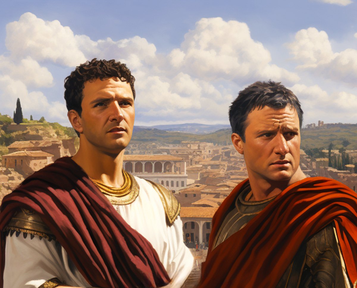 Gaius and Tiberius Gracchus in ancient Roman clothing standing in front of a landscape of ancient Rome.