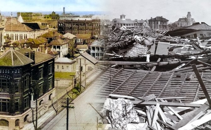 A split image of Galveston, Texas, before and after the 1900 hurricane. The left side shows a bird’s-eye view of a city with various buildings along 20th Street. The right side shows a scene of devastation with piles of debris and wreckage at 13th Street and Broadway.