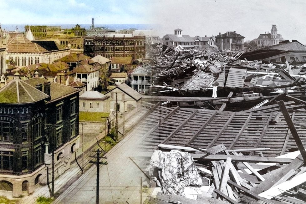 A split image of Galveston, Texas, before and after the 1900 hurricane. The left side shows a bird’s-eye view of a city with various buildings along 20th Street. The right side shows a scene of devastation with piles of debris and wreckage at 13th Street and Broadway.