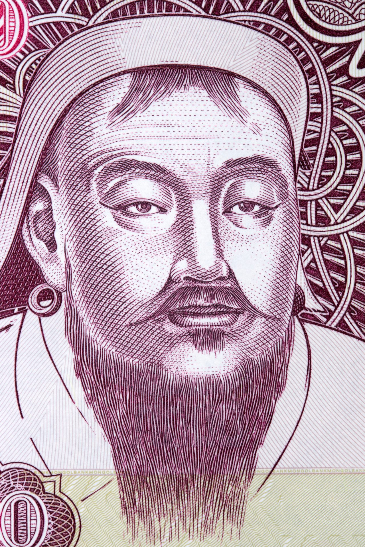 A sketch of Genghis Khan as it appears on Mongolian bank notes. He is portrayed with a long beard a broad face. He is wearing a traditional hat.