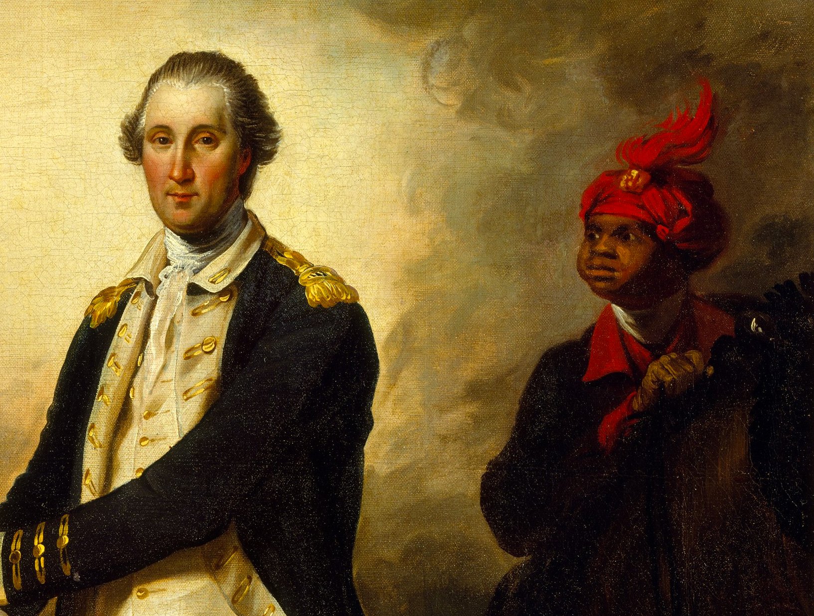 An oil painting of George Washington and William Lee, his enslaved valet, during the American Revolutionary War. Washington is wearing a blue coat with gold epaulets. Lee is standing behind him, holding Washington’s horse by the reins.The painting depicts Washington as the commander-in-chief of the Continental Army and Lee as his faithful attendant.