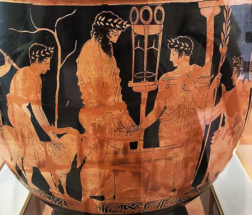 An image of a red-figure krater from approximately 450 BCE, depicting the ritual sacrifice of a goat at Delphi.