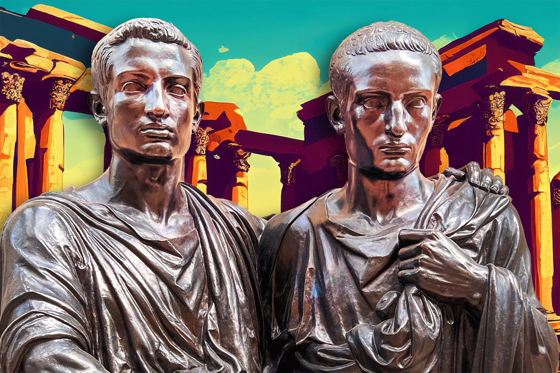 Two metallic statues of Gaius and Tiberius Gracchus brothers in togas in front of a Roman temple with colorful columns and a blue sky.