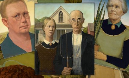 A collage of Grant Wood's paintings including his and his mother's portraits and his most famous work, American Gothic
