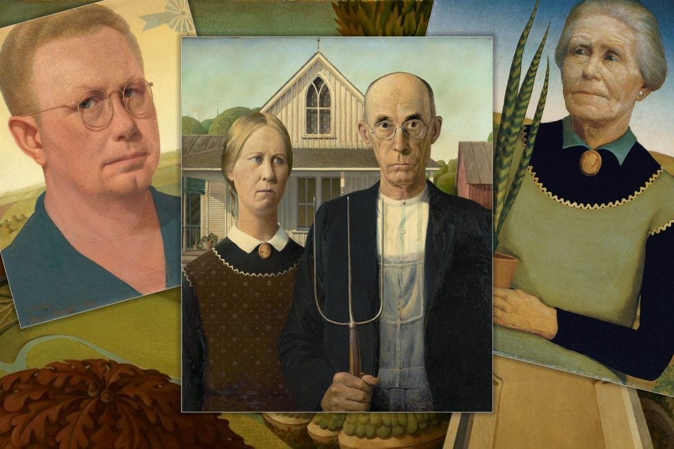 A collage of Grant Wood's paintings including his and his mother's portraits and his most famous work, American Gothic