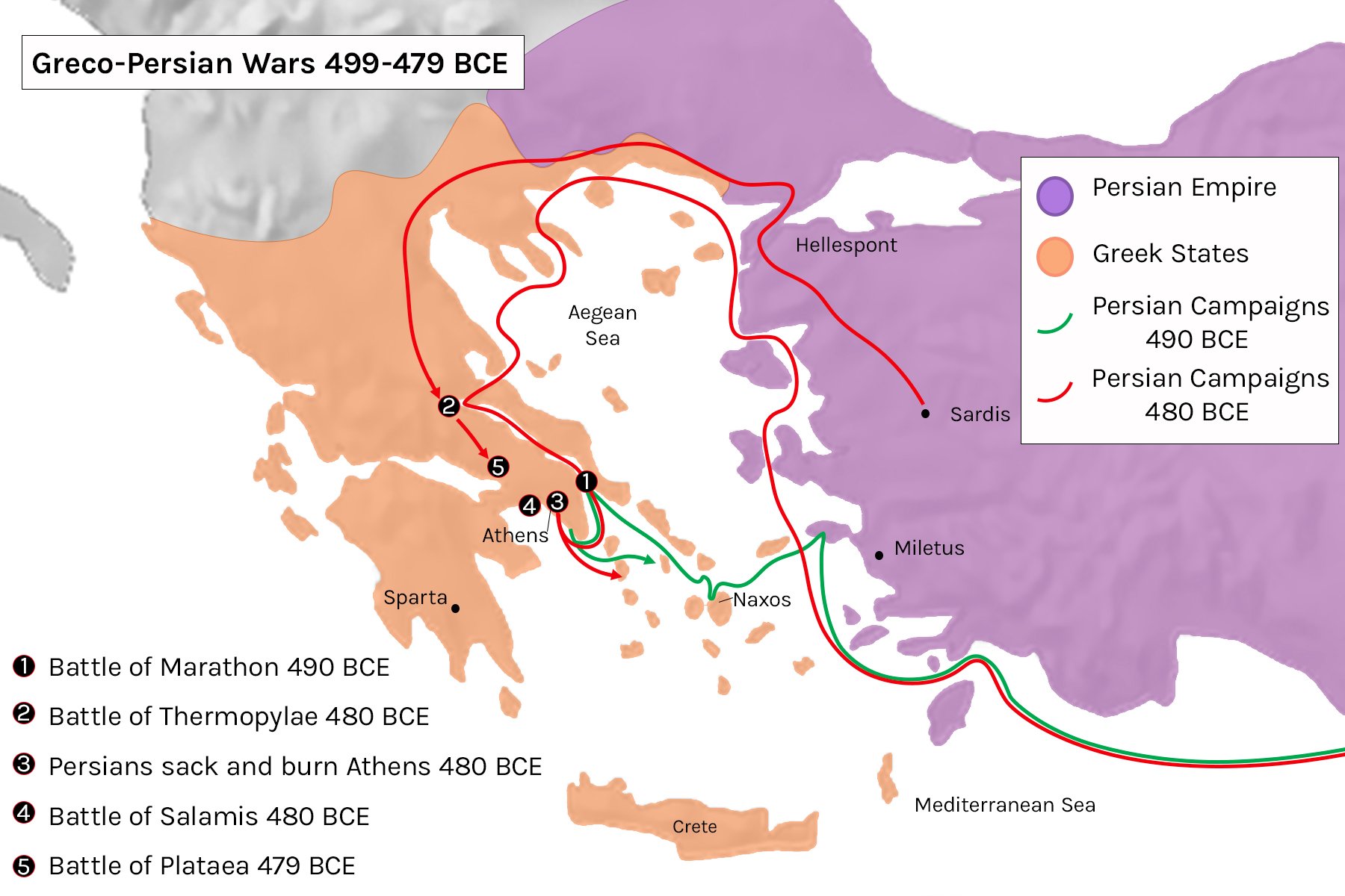 A map of the Greco-Persian Wars showing the Persian Empire, the Greek States, and the campaigns and battles from 499 to 479 BCE.
