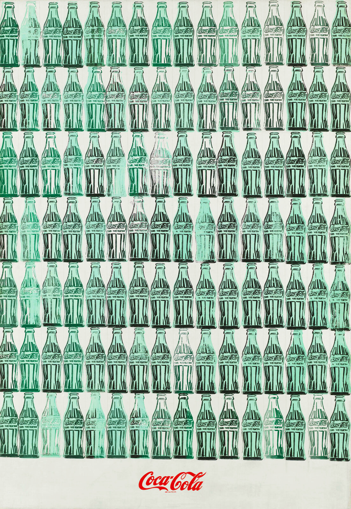 Artwork 'Green Coca-Cola Bottles' by Andy Warhol. A repetitive pattern of Coca-Cola bottles in greenish hues against a white background, showcasing Warhol's signature pop art style. The familiar Coca-Cola logo is placed at the bottom in red.