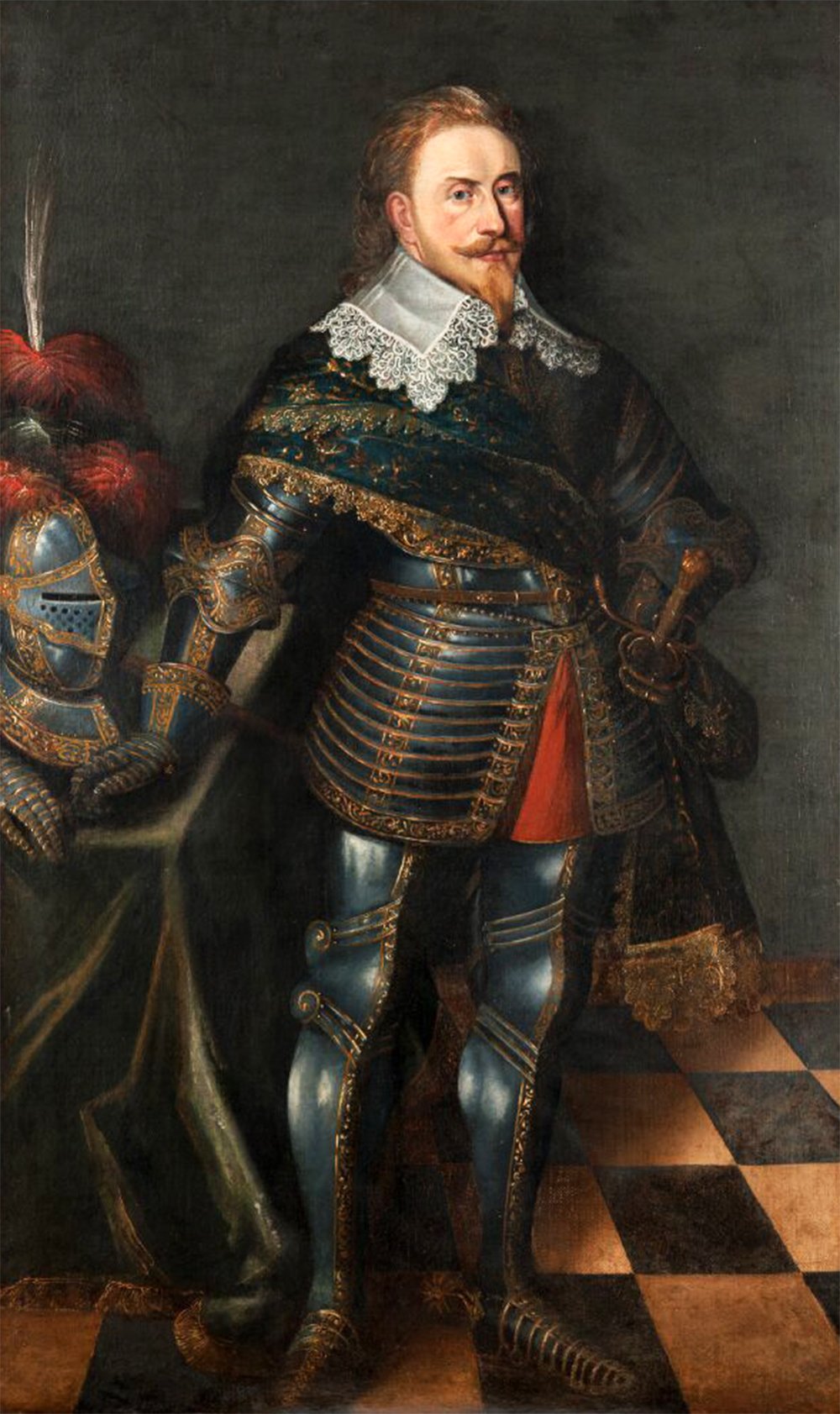 King Gustavus Adolphus of Sweden in a blue and gold suit of armor with a sash and a helmet with a red plume next to him on a table, standing on a checkered floor against a black background.