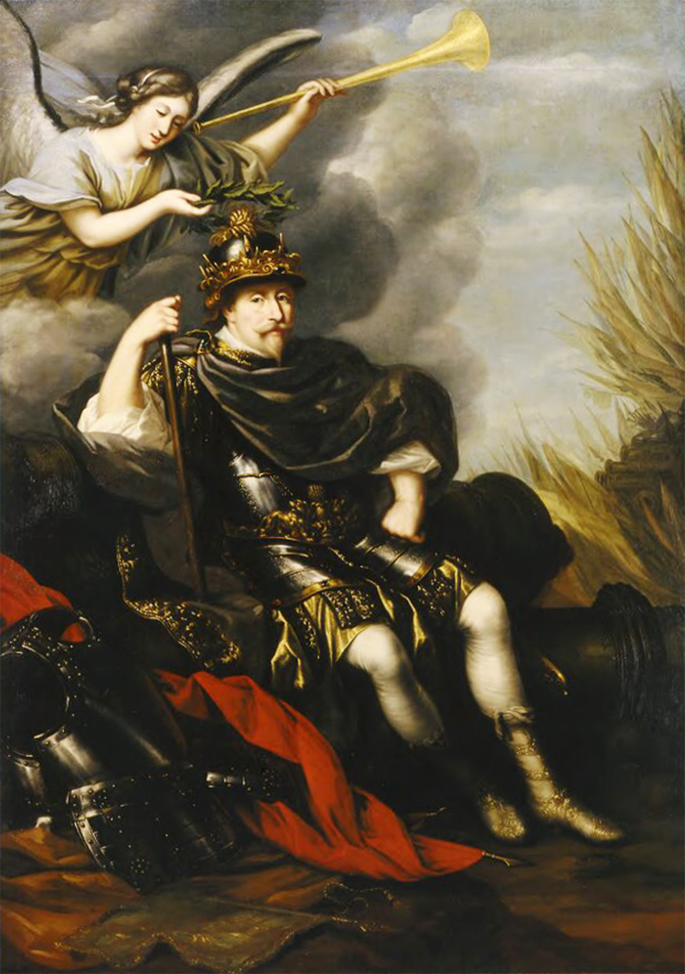 A painting of an angel blowing a trumpet and king Gustav II Adolf in armor under a cloudy sky.