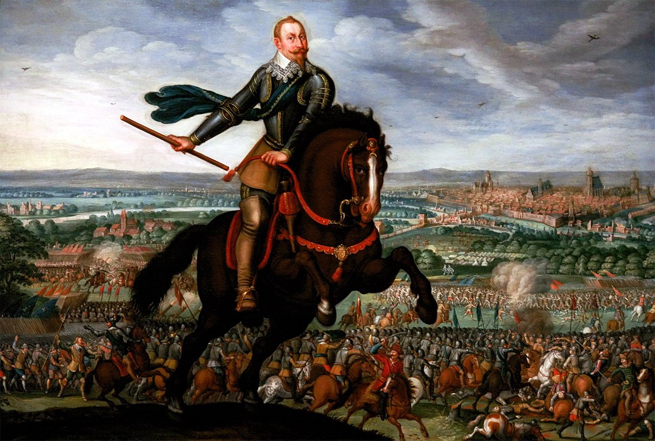 Equestrian portrait of Gustavus Adolphus of Sweden at the battle of Breitenfeld showing him on a horse with military formation in the background.