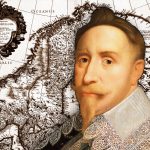 The image is a combination of a historical map and a painting. The map is titled “Tabula exactissima Regnorum SUECIAE et NORVEGIAE” and shows the northern part of Europe, including Sweden, Norway, Denmark, Finland, and the Baltic states. The painting is Gustavus Adolphus wearing a white lace collar, typical of the fashion of that time.