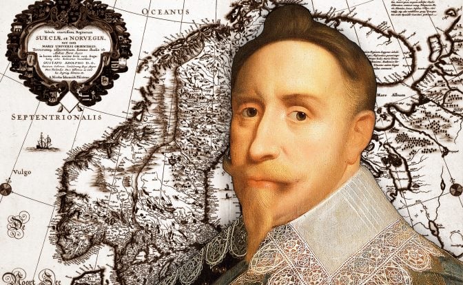 The image is a combination of a historical map and a painting. The map is titled “Tabula exactissima Regnorum SUECIAE et NORVEGIAE” and shows the northern part of Europe, including Sweden, Norway, Denmark, Finland, and the Baltic states. The painting is Gustavus Adolphus wearing a white lace collar, typical of the fashion of that time.