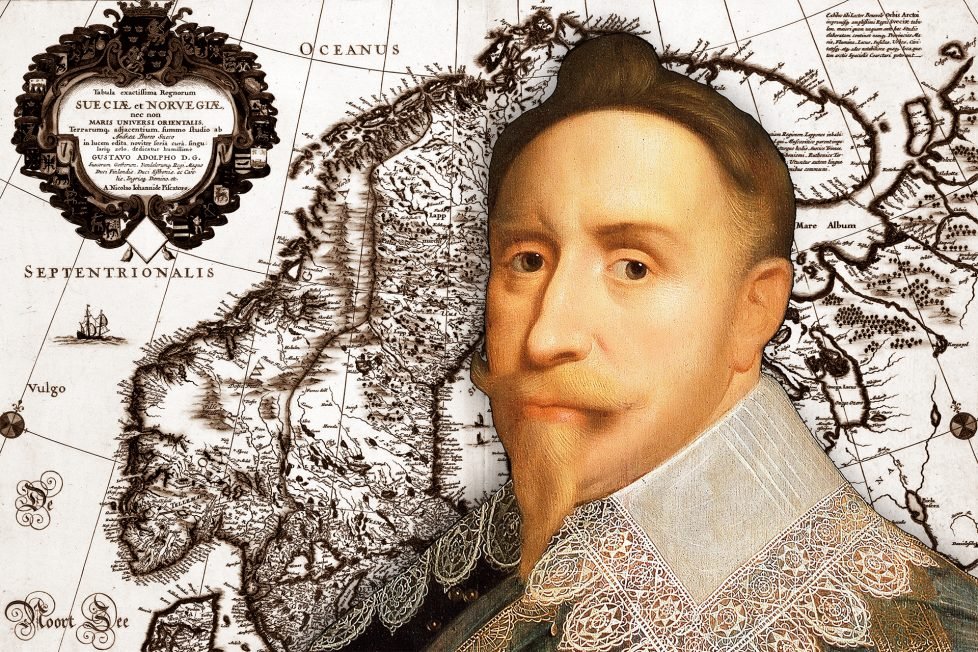 The image is a combination of a historical map and a painting. The map is titled “Tabula exactissima Regnorum SUECIAE et NORVEGIAE” and shows the northern part of Europe, including Sweden, Norway, Denmark, Finland, and the Baltic states. The painting is Gustavus Adolphus wearing a white lace collar, typical of the fashion of that time.