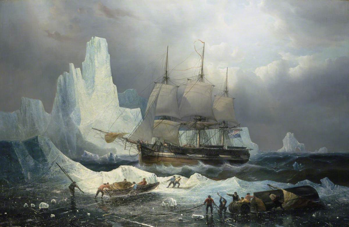 A painting depicting the HMS Erebus stuck in the arctic ice, in the foreground sailors are pulling smaller boats out of the water onto an iceberg.