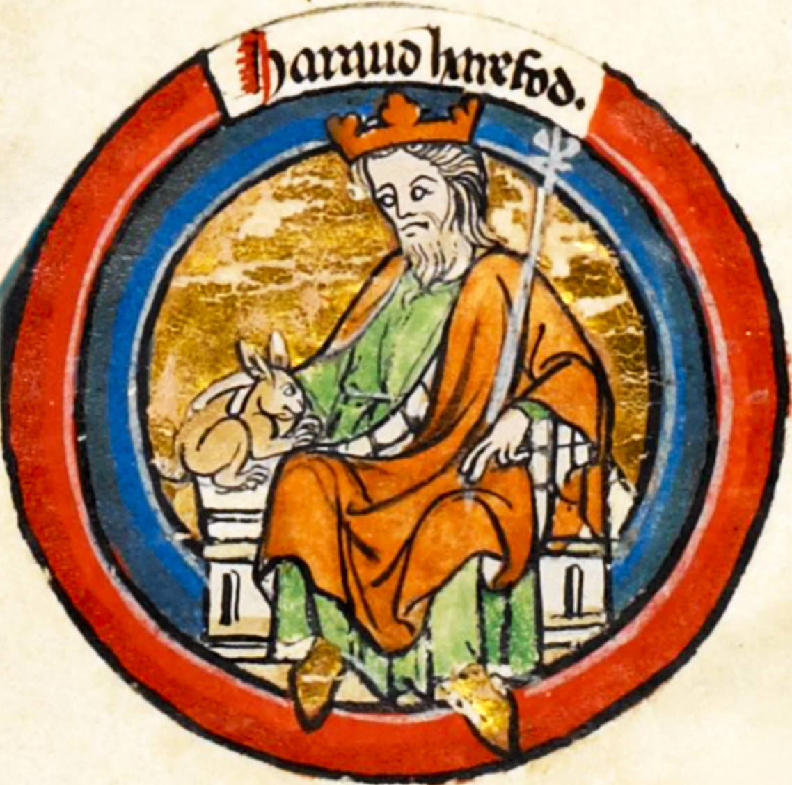 A medieval illustration of king Harold Harefoot and a hare in a gold medallion with a red and blue border and a banner.