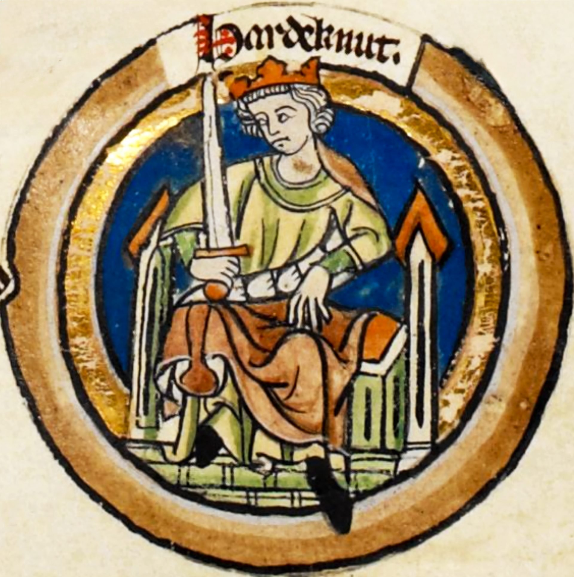 A medieval illustration of king Harthacnut on a throne with a sword in a gold circular frame.