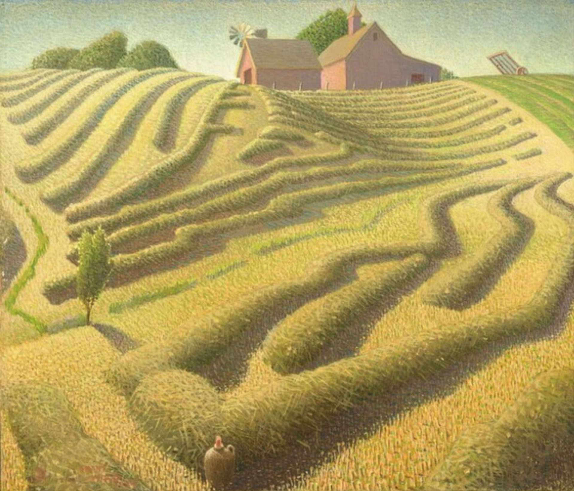 The almost square canvas depicts a rolling, verdant farmland under a clear blue sky, as seen from a low vantage point. The field, drenched in sunlight, is filled with stylized, golden-green haystacks meticulously arranged in roughly parallel rows. A young, solitary tree is painted near the lower left corner. At the top of the hill, two terracotta-red barns with tan roofs are visible, silhouetted against the sky. The larger barn features a higher pitched roof and a lantern-shaped cupola, while a fan-like weathervane tops the smaller structure. Farm machinery is parked in the field at the top right. At the bottom center, a brown ceramic jug with a red stopper is nestled between the rows of haystacks, adding a touch of still life. The painting captures the rural beauty and tranquility of a farm scene during the haying season.
