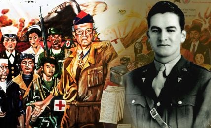 A mural depicting various Mexican-American Veterans and Héctor P. García advocating for their rights. The figures are in different styles and wear different types of uniforms, such as military and medical. On the right side there is a black and white photo of young Héctor P. García in military uniform.