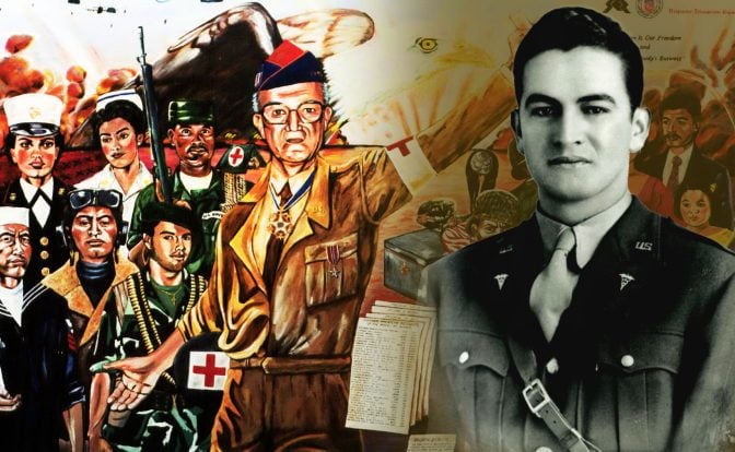 A mural depicting various Mexican-American Veterans and Héctor P. García advocating for their rights. The figures are in different styles and wear different types of uniforms, such as military and medical. On the right side there is a black and white photo of young Héctor P. García in military uniform.