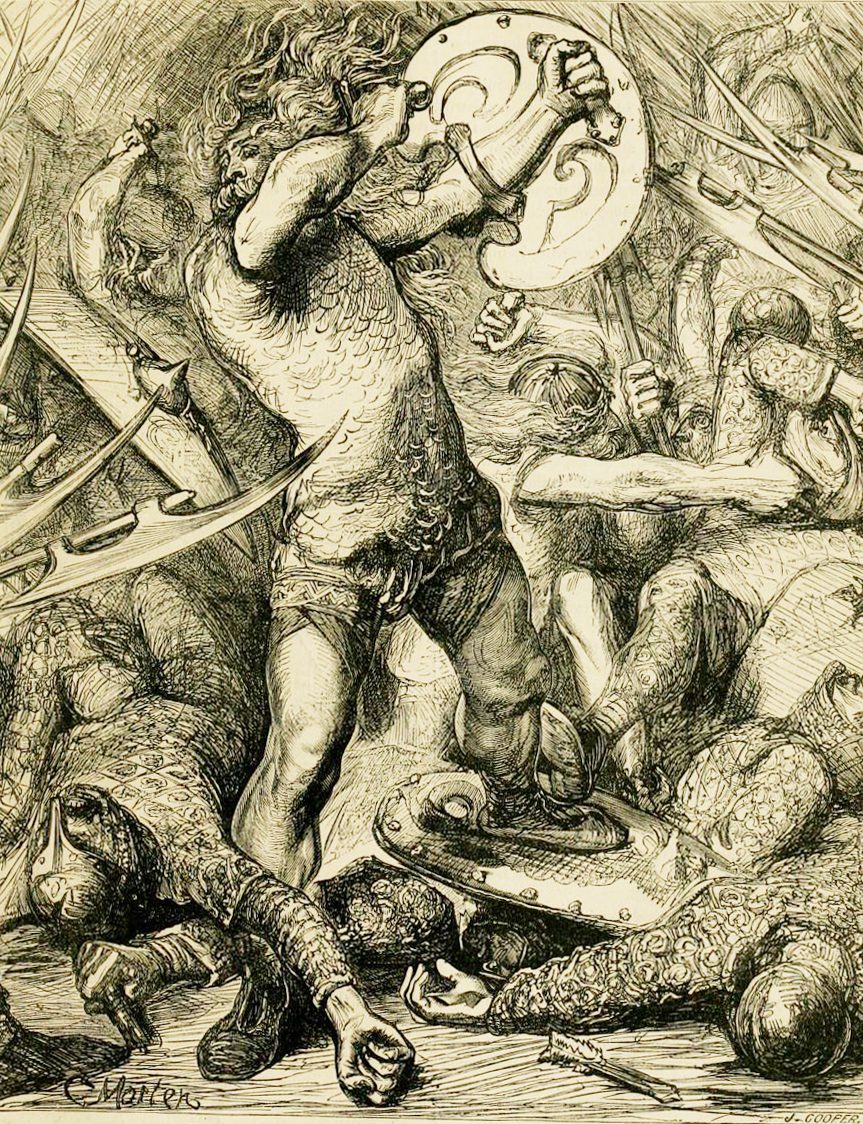 A wood-engraving of Hereward the Wake holding a shield, surrounded by fallen warriors