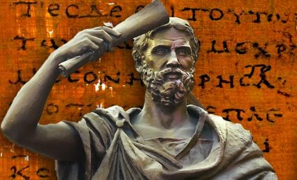A bronze statue of Herodotus in a toga holding a scroll in front of a page from Herodotus' Histories book, in Greek writing.