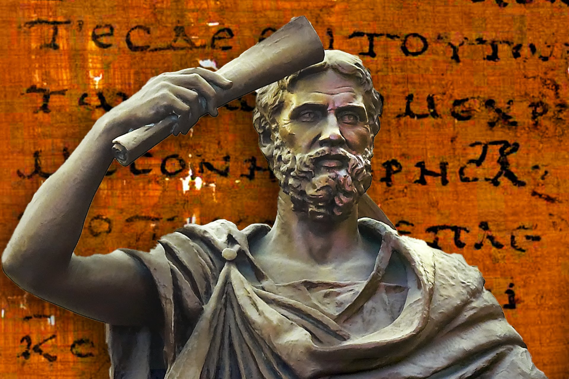 A bronze statue of Herodotus in a toga holding a scroll in front of a page from Herodotus' Histories book, in Greek writing.