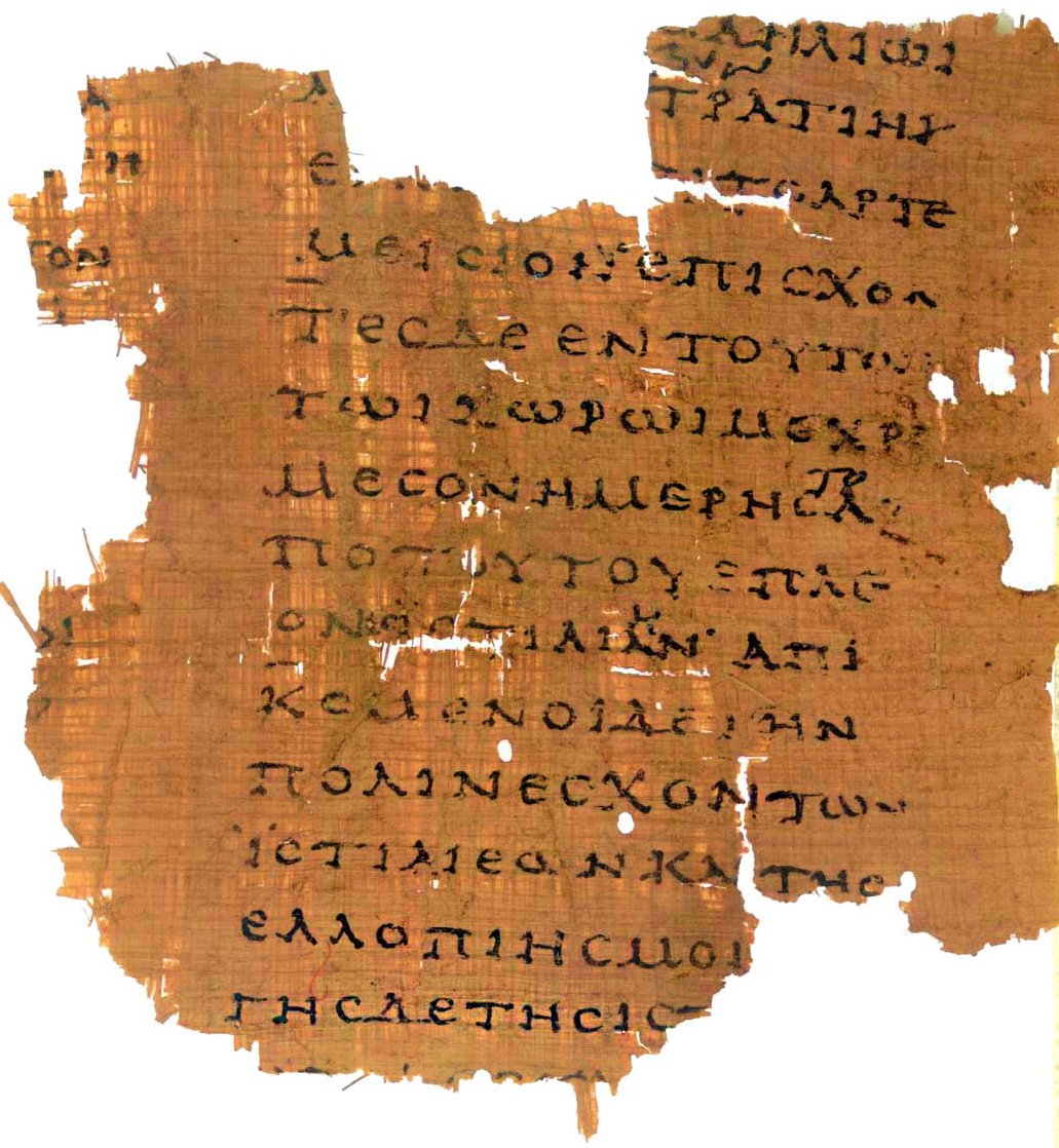 An ancient papyrus fragment from Book VIII of Herodotus' Histories with faded Greek text and torn edges on a white background.