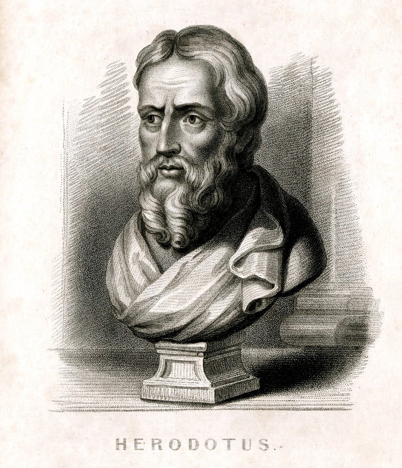 1830 portrait bust of Herodotus, oriented to the left, mounted on a plinth, inspired by an ancient sculpture