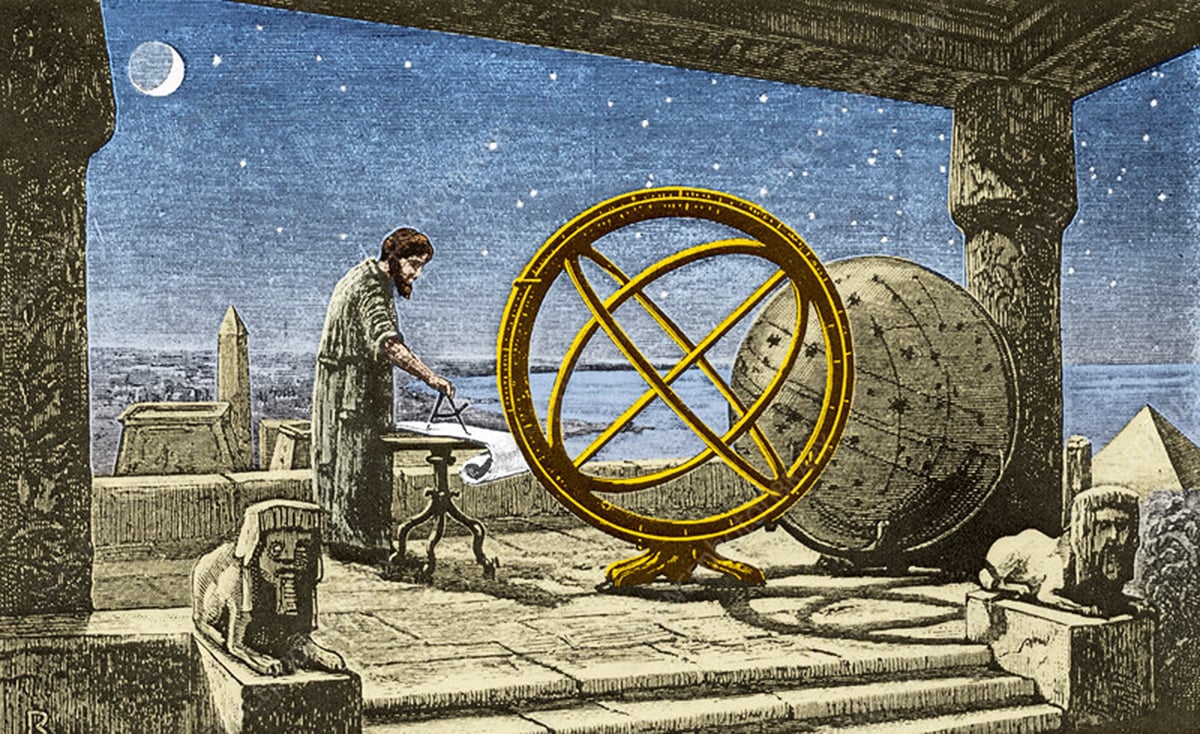 Hipparchus, a notable Greek astronomer from 190-120 BC, in his Alexandria observatory with an armillary sphere central to the scene.