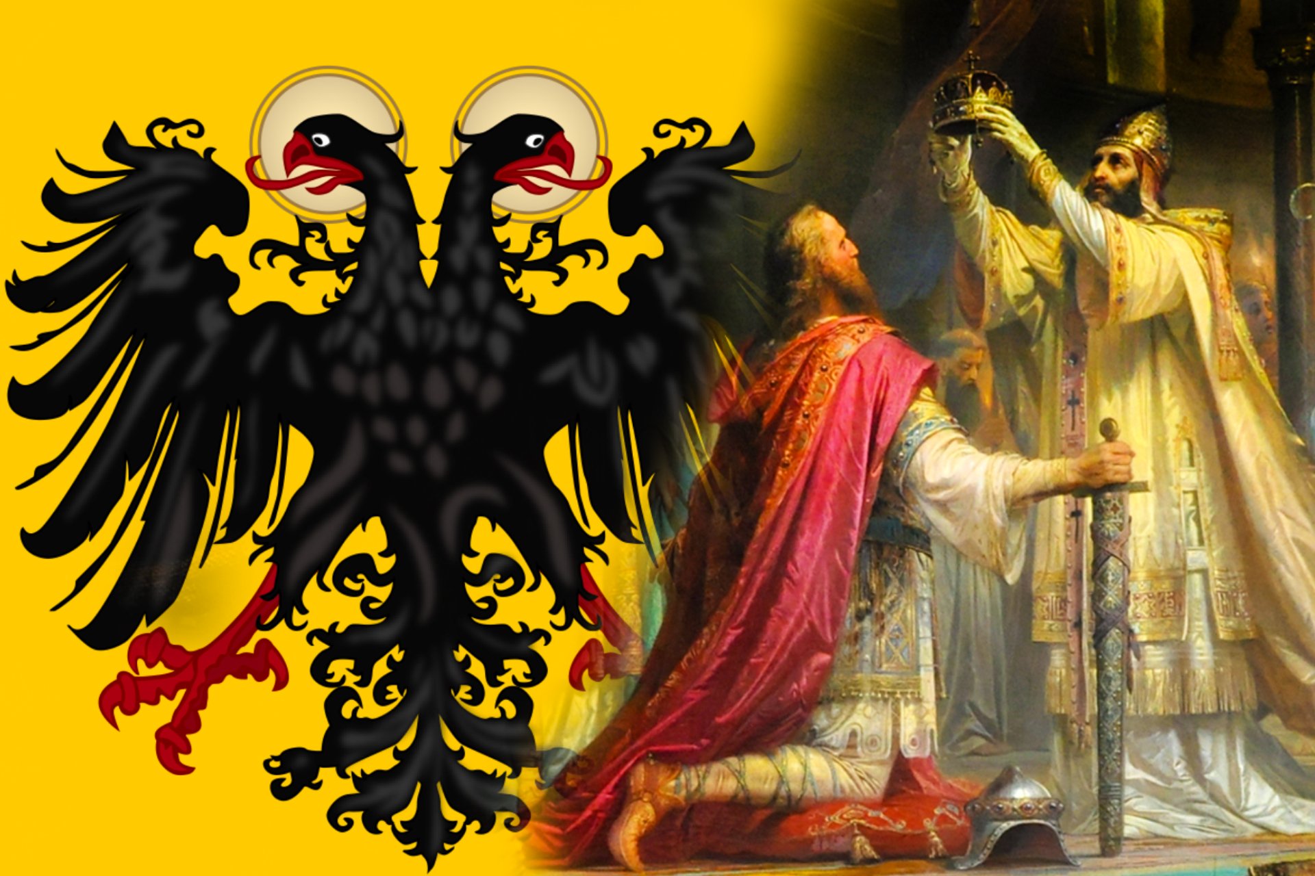 Composite image featuring the iconic double-headed eagle emblem of the Holy Roman Empire on a yellow background to the left, and a painted scene to the right showing Charlemagne kneeling as he is crowned by a pope.