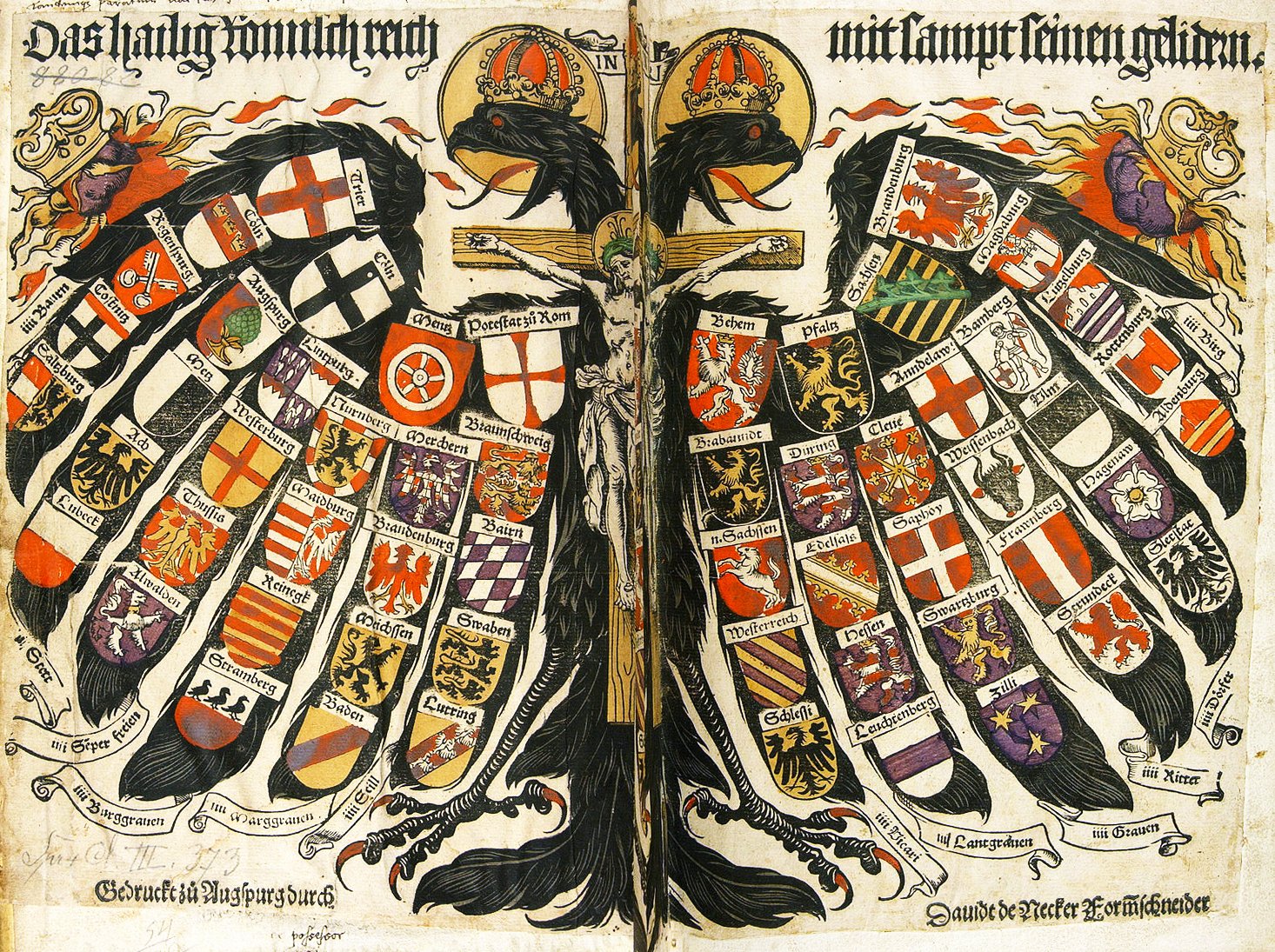 The Holy Roman Empire's double-headed eagle emblem showcases the banners of various imperial cities and was prominently featured in the Empire's coats of arms, documents, and more, 1510, World History Encyclopedia