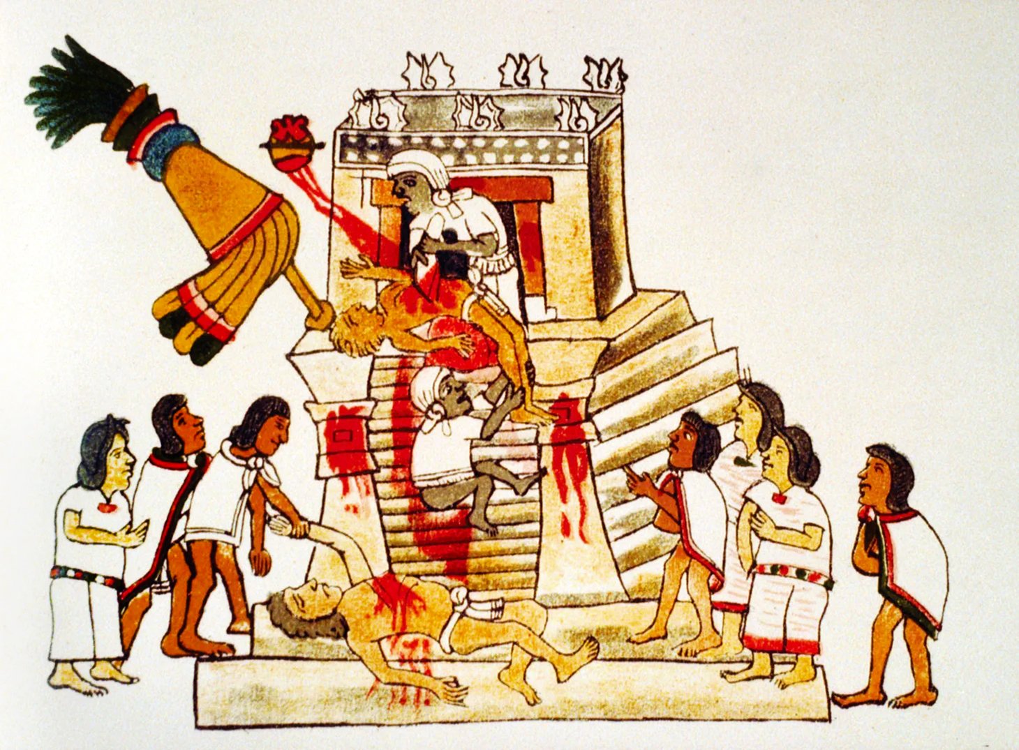 Illustration depicting an Aztec priest offering a live human heart to the war deity Huitzilopochtli, based on the Codex Magliabecchi reproduction.