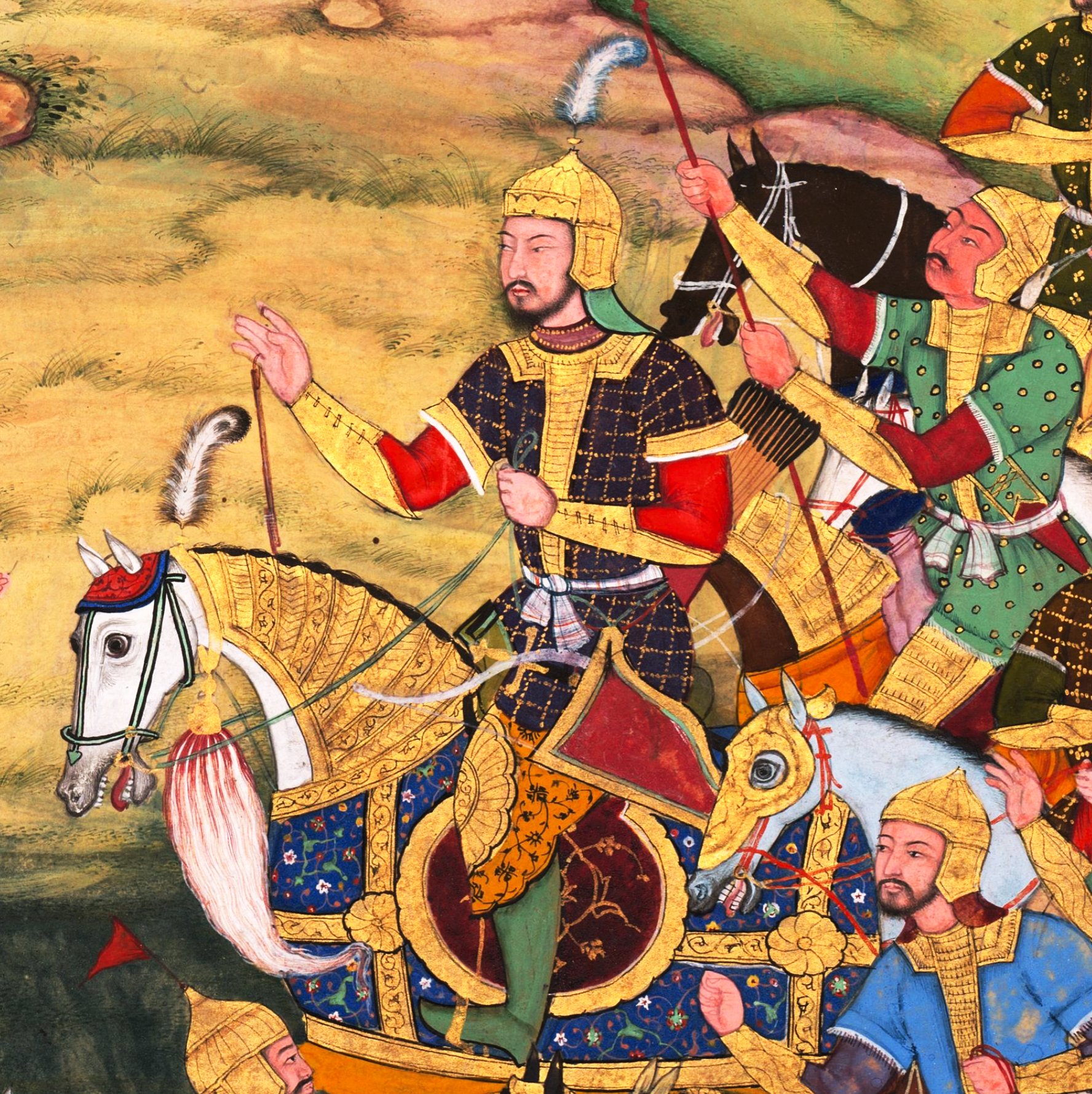 A painting of Hulagu Khan with his Mongolian troops on horseback.