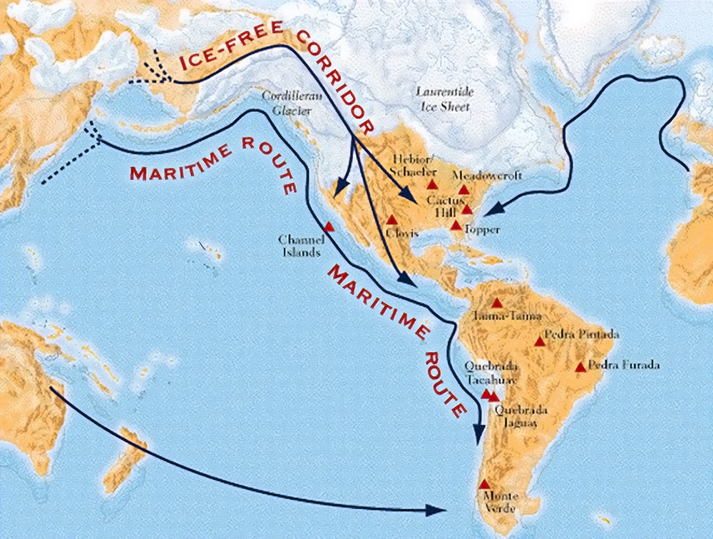 Illustration depicting the theorized entry of the first Americans via the Bering Strait from Asia, juxtaposed with alternative routes along the western coast of North America and speculative trans-oceanic pathways.