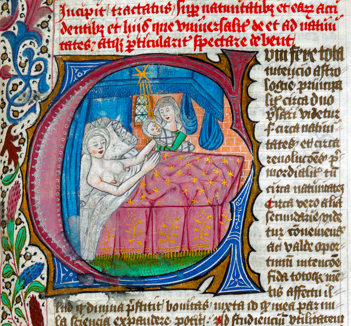An image of an illuminated manuscript page with a border of red, blue, and gold leaf. The main image is of a mother resting in bed. Next to her another woman is standing with a baby in her arms, handing it to the mother.The bed is covered in a red and gold blanket. The text is written in black ink with some words highlighted in red.