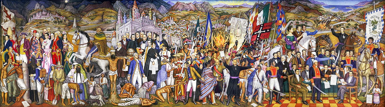 The mural depicts the stages of the independence struggle from 1784 to 1814 in four sections. The first section highlights colonized Mexico's life contradictions between the commoners and aristocracy. The second showcases precursors of the revolution under a neoclassical building symbolizing the French Revolution. The third centers on the insurgency, featuring priest Hidalgo in two distinct representations and flags of the era. The final section portrays the Chilpancingo Congress, with key figures like Guadalupe Victoria and a background of a burning town and Acapulco's Fort San Diego.
