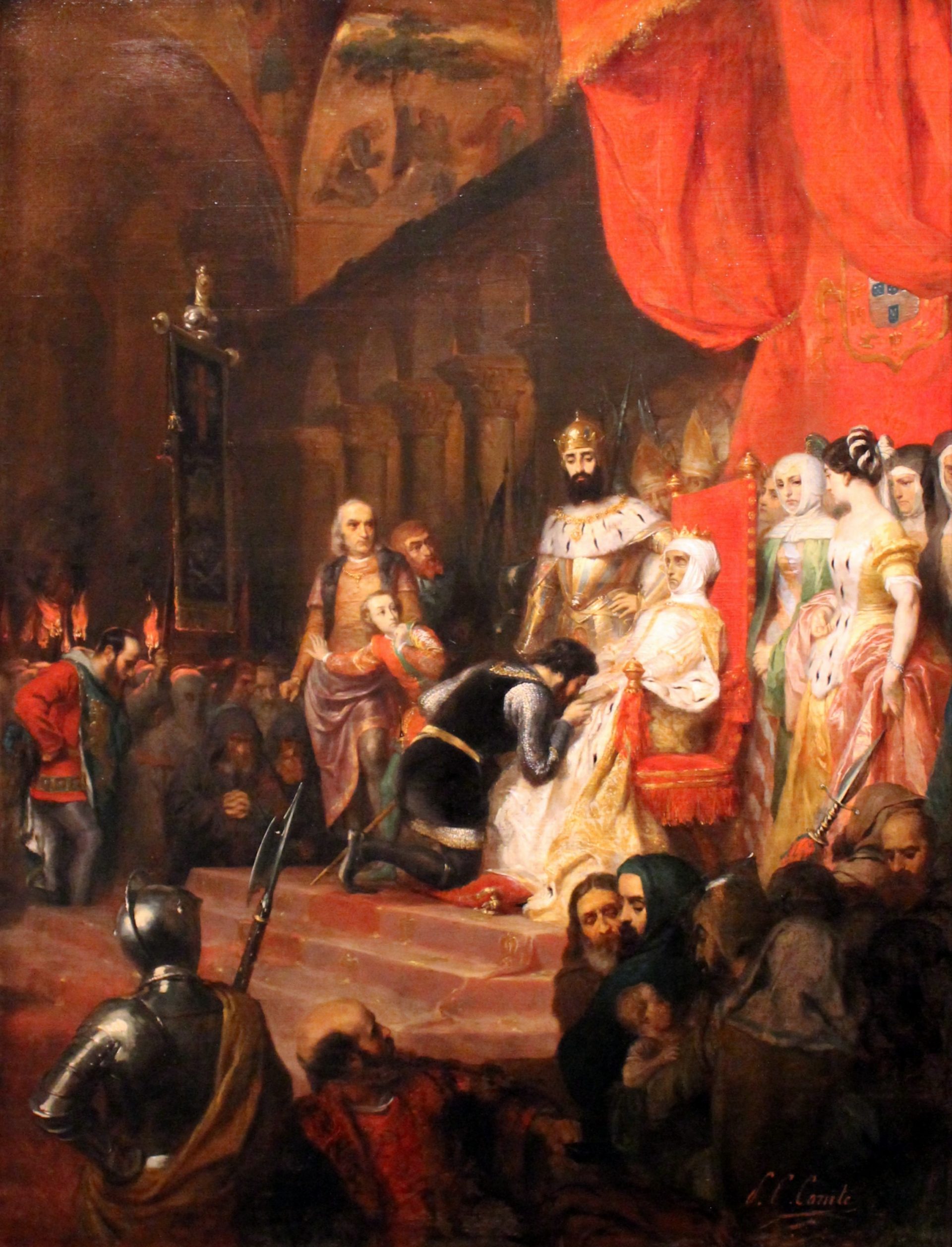 This painting depicts the coronation of the body of Inés de Castro. The painting shows a throne surrounded by a group of people. The throne is draped in red cloth and the body is adorned with gold and silver trimmings. A man is kneeling in front of the body on the throne and kissing its hand.
