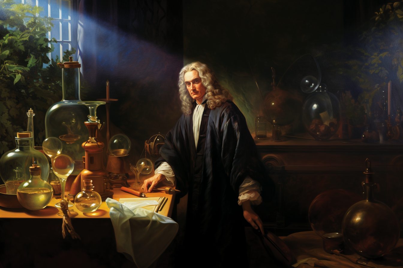 This image shows a man in a black robe standing next to a table with several bottles and glassware. The man is looking at the table with a worried expression on his face. The table is covered in scientific equipment and laboratory supplies. The background is filled with shelves filled with various glassware and chemicals.