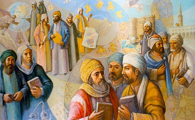 A painting of a group Islamic Scientists in traditional clothing holding books and scrolls, with a collage of buildings, and celestial bodies in the background.