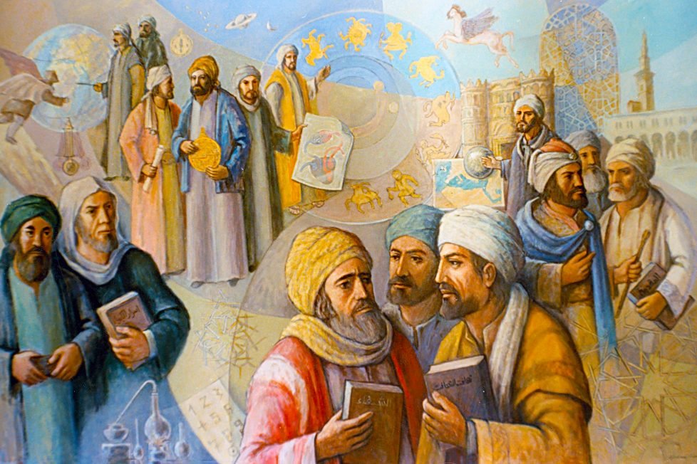 A painting of a group Islamic Scientists in traditional clothing holding books and scrolls, with a collage of buildings, and celestial bodies in the background.