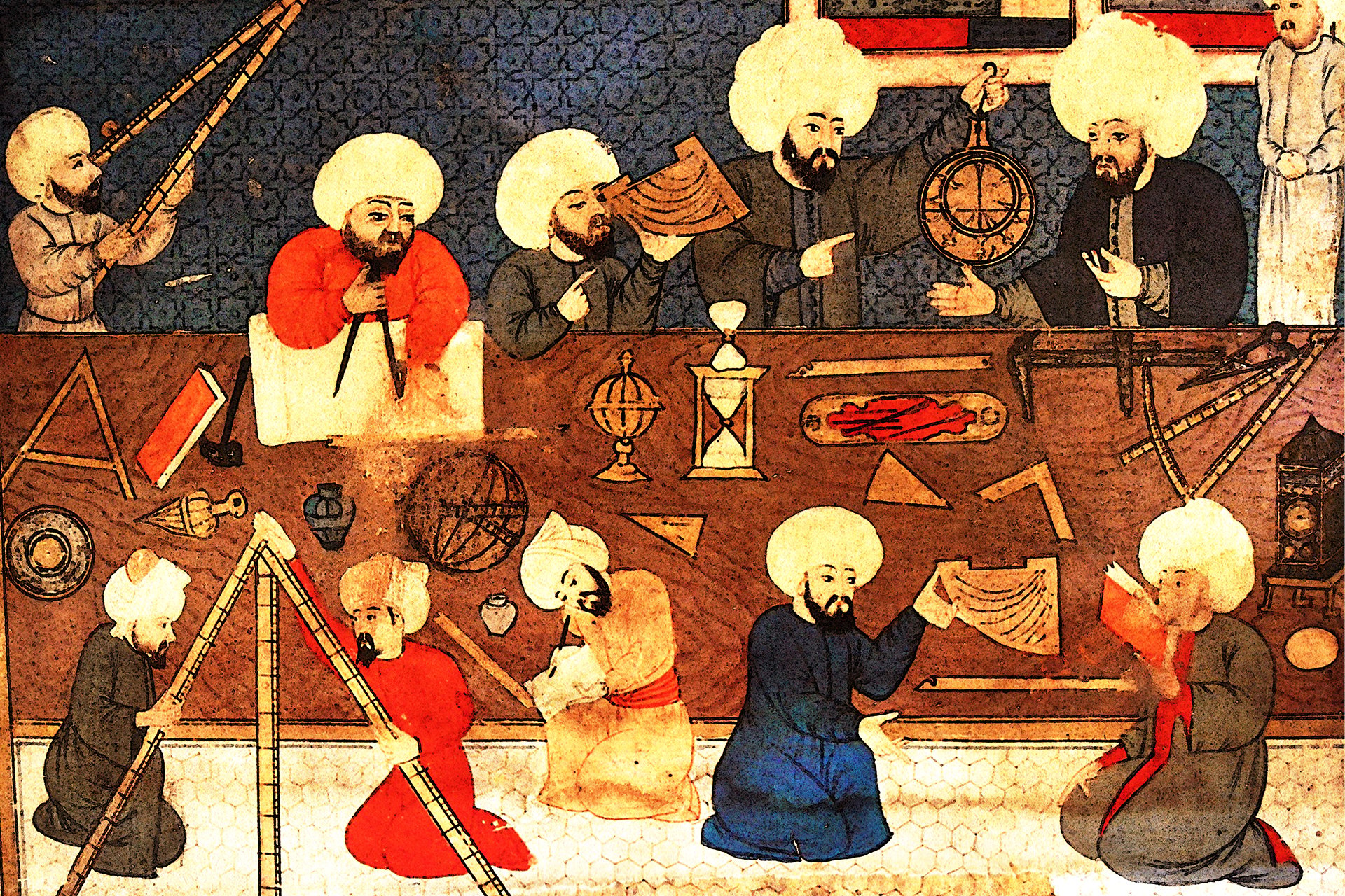 An illustration of a group of people working with scientific and mathematical instruments in a workshop, they are wearing traditional islamic turbans.