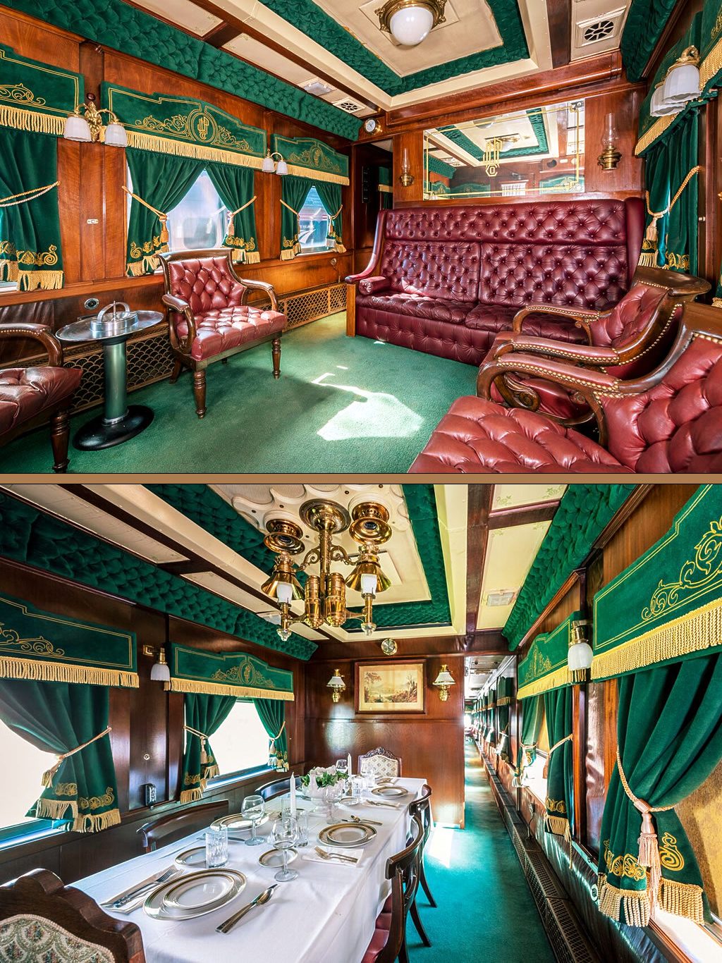 A collage of photographs showcasing the luxury interior of a train car. The interior is decorated with rich green curtains, plush red seat, and ornate gold fixtures. In one of the photographs a table is seen, set with a white tablecloth and china dishes.